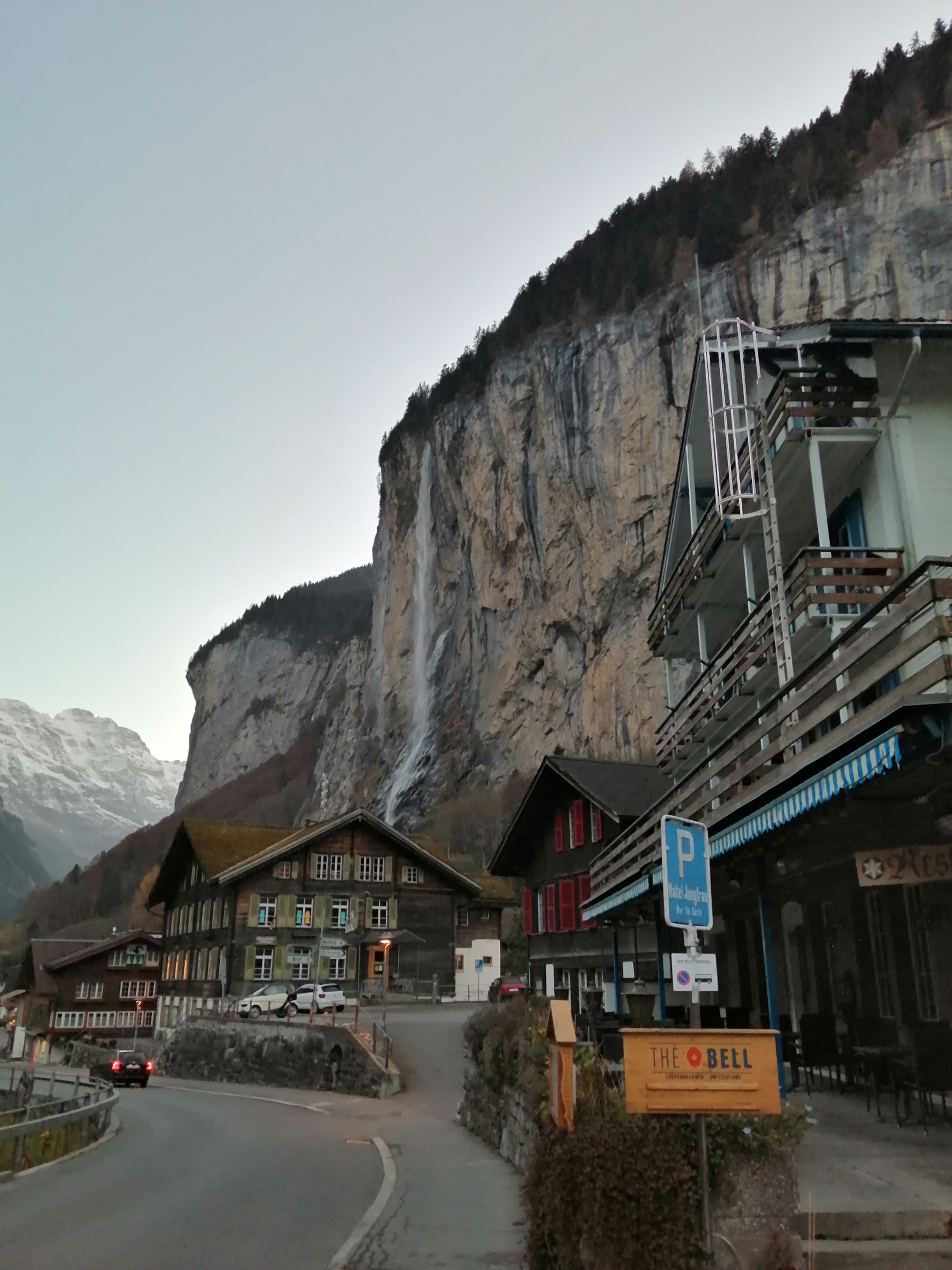 Staubbach Falls cascading over massive rock cliffs in Lauterbrunnen village